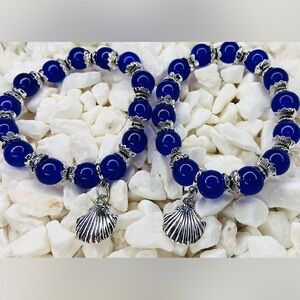 Nautical Blue Beaded Bracelet with Silver Shell Charm